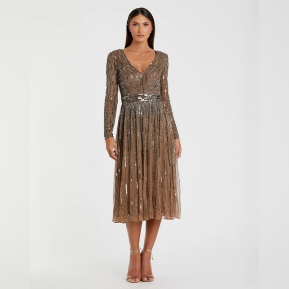 MAC DUGGAL 5528 NWT Brown Long Sleeve Tea Length Dress - Picture 1 of 5